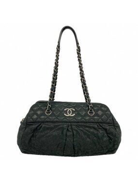 Chanel Shoulder Bag Quilted Leather Black Silver